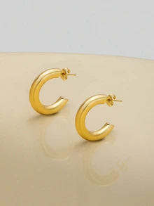 NobleVue Fashionable 18k Stainless Steel Hollow C-Shaped Hoop Earrings Suitable For Women's Daily Wear - Gold - View 2