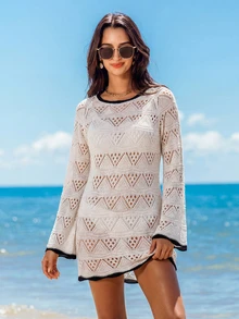 Đầm dệt kim ngắn màu mơ xuyên thấu thời trang dành cho nữ, thiết kế cổ tròn tay dài, chiều dài mini vừa phải, món đồ không thể thiếu cho mùa xuân/hè. - Màu be - Xem 1