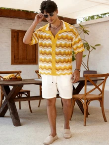 Men's Lightweight Breathable Fashionable Casual Beach Holiday Hollow Striped Polo Collar Single-Breasted Knit Sweater, Suitable For Summer Daily And Holiday Wear - Yellow - View 2