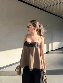 Áo hai dây thời trang mùa hè thanh lịch dành cho nữ, áo sơ mi kaki với viền ren đen tương phản, xẻ tà bên hông bằng satin thời trang, gợi cảm và đa năng, phù hợp cho mặc hàng ngày và đi nghỉ mát. - Màu Khaki - Xem 4
