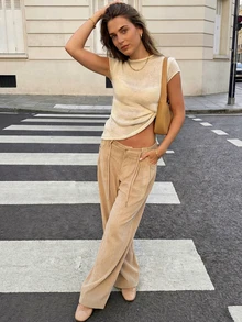 女士夏季沙滩度假针织短袖薄纱罩衫，轻薄休闲短袖上衣 - 杏色 - 查看 2