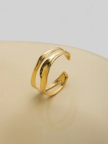 NobleVue 1pc Fashionable Niche Design Delicate Minimalist Asymmetrical Textured Stainless Steel Adjustable Bangle - Yellow Gold - View 1