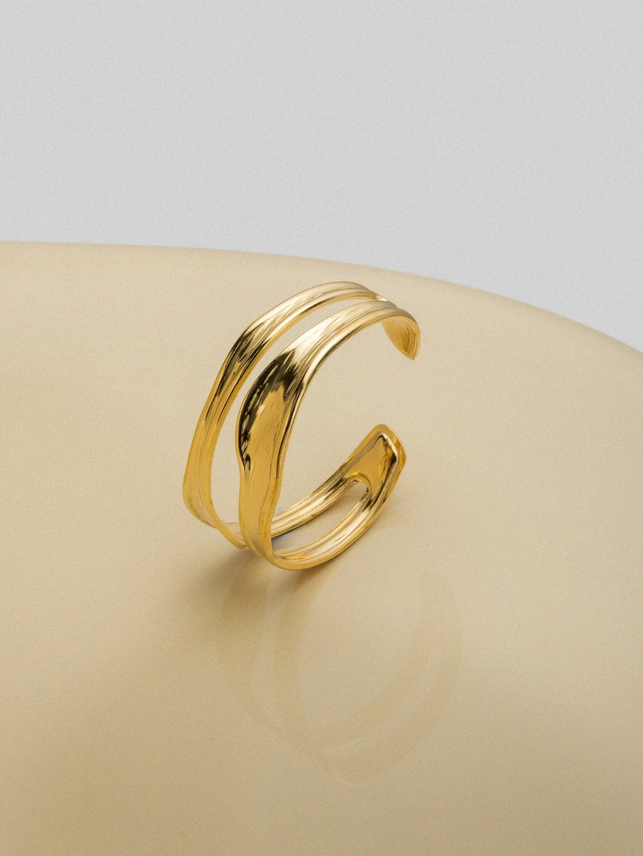 NobleVue 1pc Fashionable Niche Design Delicate Minimalist Asymmetrical Textured Stainless Steel Adjustable Bangle - Yellow Gold - View 1