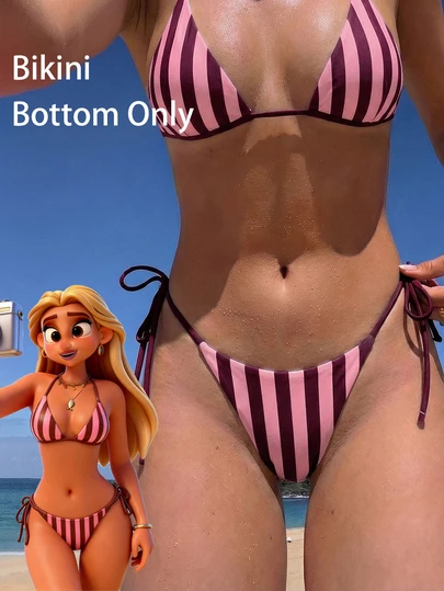 Mẫu bikini nữ gợi cảm buộc dây bên hông in họa tiết sọc, bộ sưu tập Xuân/Hè 2026; Quần bikini nữ thời trang, gợi cảm cho kỳ nghỉ hè trên bãi biển.