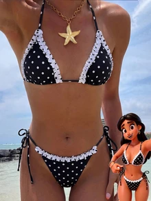 Đồ bơi bikini nữ, họa tiết chấm bi kẻ caro cổ điển, trang phục thời trang OOTD/Trang phục đi chơi/Phong cách Y2K/Kỳ nghỉ/Đồ đi biển mùa hè màu đen - màu đen - Xem 3