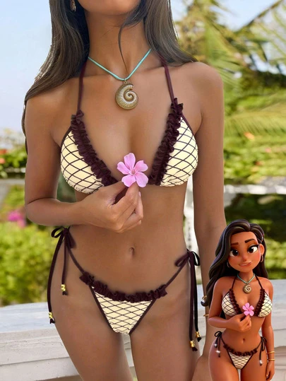 女士比基尼泳衣，优雅性感可爱格子印花聚拢细肩带泳装，适合度假、海滩、泳池和运动穿着，秋冬季、情人节及2026春夏系列。