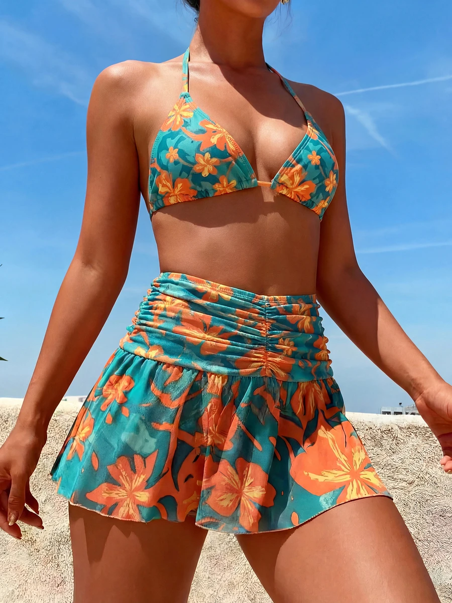 Tropical Floral Halter Bikini Set With Ruched Mesh Skirt Bottom, Summer Beach Holiday Style - Floral - View 1