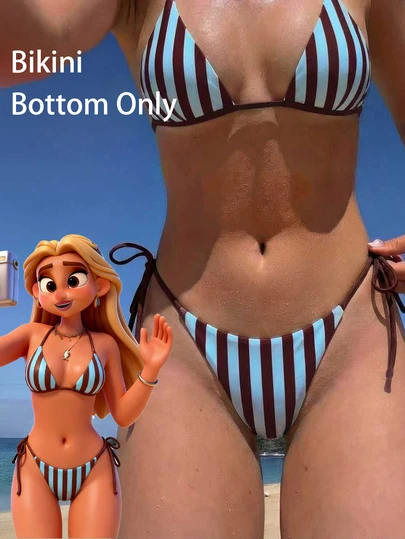 2026 Spring/Summer New Arrival Side Tie Striped Print Sexy Bikini Bottoms; Fashionable Sexy Bikini Bottoms For Summer Beach Vacation