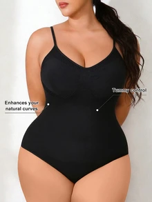 Mono sin costuras acanalado de talla grande, mono moldeador de mujer con tirantes ajustables, cuello redondo y espalda descubierta - Negro - Ver 1