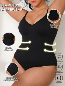 Mono sin costuras acanalado de talla grande, mono moldeador de mujer con tirantes ajustables, cuello redondo y espalda descubierta - Negro - Ver 2