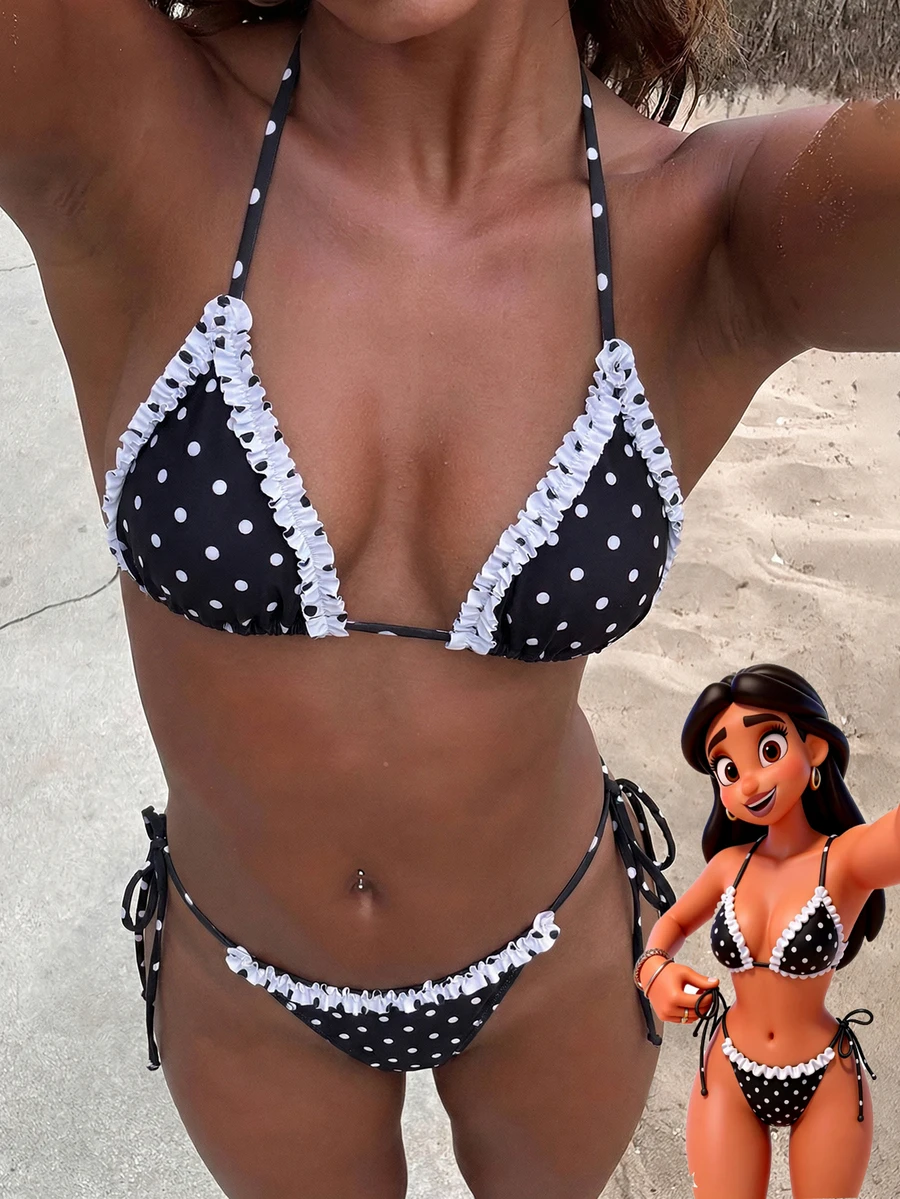Đồ bơi bikini nữ, họa tiết chấm bi kẻ caro cổ điển, trang phục thời trang OOTD/Trang phục đi chơi/Phong cách Y2K/Kỳ nghỉ/Đồ đi biển mùa hè màu đen
