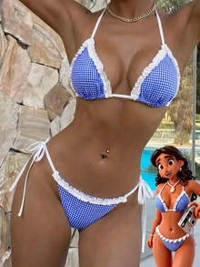 女士比基尼泳衣，复古波点格纹时尚套装，适合外出、度假、音乐节、泳池派对、嘉年华等场合，2026夏季海滩度假装扮 - 藍色 - 查看 3