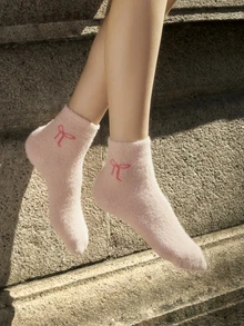 Hatastic 5 Pairs Mink Plush Bow Fluffy Mid-Calf Socks, Cute & Sweet Mid-Calf Socks, Thick & Warm For Home, Sleep, Bow Pattern, Soft & Comfortable, Suitable For Autumn/Winter Christmas Gift - Multicolor - View 11