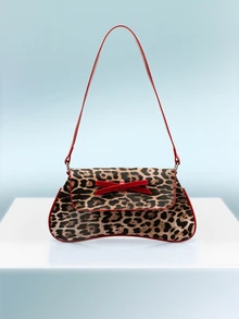 Rollcall New Fashionable Leopard Print Decorative Shoulder Bag, Contrast Color Design. Foldable Underarm Bag, Baguette Bag, Shoulder Bag, Business Commuter Bag, Burgundy, Suitable For Outings, Shopping, Work, Parties, Holidays, Short Trips, Etc. Fashionable Leopard Print Women's Wallet, New Autumn/Winter Tiger Print Women's Bag - Red - View 2