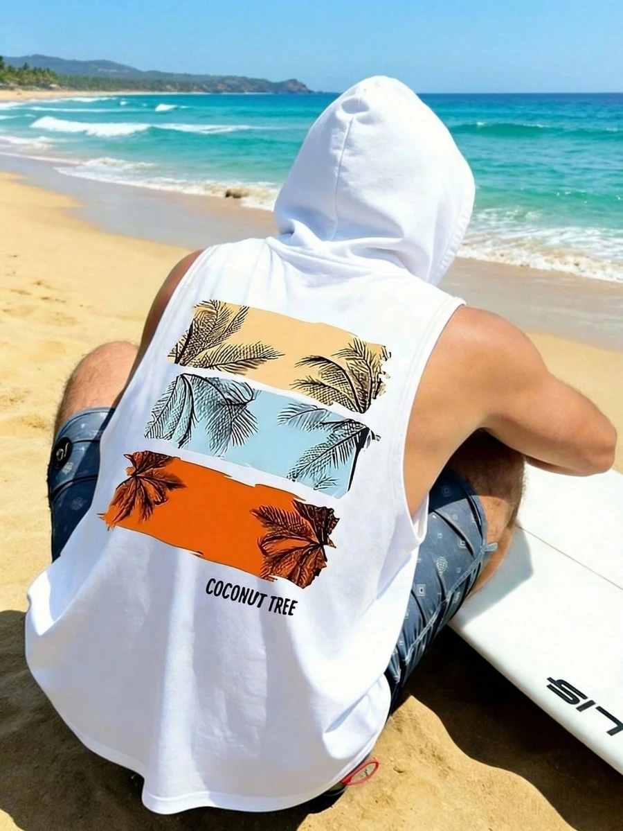 男士休闲无袖连帽衫，饰有英国棕榈树印花 | 精致设计 | 夏季必备 | 时尚百搭，展现您的风格 - 白色 - 查看 1