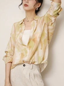 YUXIN Women's Watercolor Print Silk Blouse - Loose Collar Long Sleeve, Breathable And Flowy, Versatile Work And Date Casual Top, Creating An Elegant And Relaxed Look, Spring/Summer - Yellow - View 2