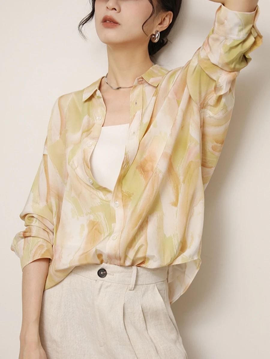 YUXIN Women's Watercolor Print Silk Blouse - Loose Collar Long Sleeve, Breathable And Flowy, Versatile Work And Date Casual Top, Creating An Elegant And Relaxed Look, Spring/Summer