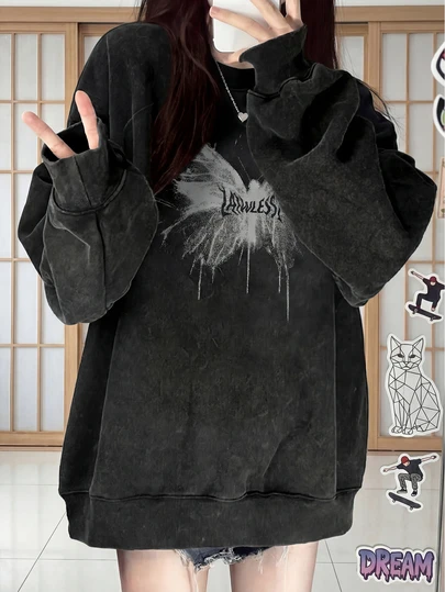 女士 Y2K 宽松舒适水洗黑色嘻哈美式撞色酷炫涂鸦蝴蝶印花休闲度假居家街头时尚学生卫衣 春季