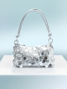 Rollcall 1pc Gold Color Crescent Moon Shape Glitter PVC Shoulder Bag For Women, New, Jelly Bag - Silver - View 1