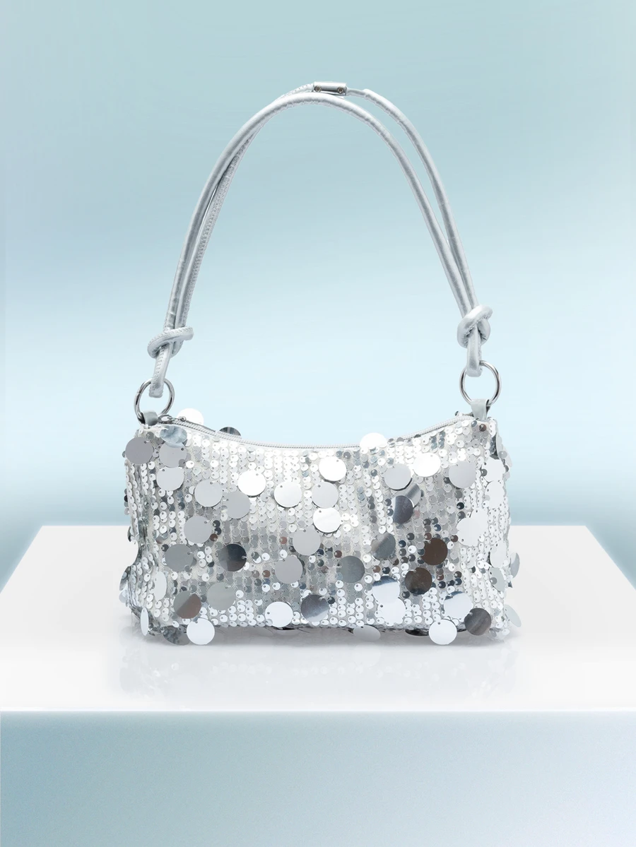 Rollcall 1pc Gold Color Crescent Moon Shape Glitter PVC Shoulder Bag For Women, New, Jelly Bag - Silver - View 1