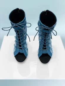 Rollcall Botas femininas azuis de salto alto com bico aberto, botas de dança casuais estilo britânico com sola de borracha macia, design com cadarço, fecho de zíper traseiro, sandálias elegantes de salto alto para o verão, textura craquelada sexy gótica, adequadas para festas, atividades ao ar livre, academia, férias, todas as estações - Azul - Ver 3