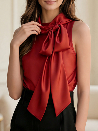 French Elegant Wine Red Satin Sleeveless Tie Neck Top Women, Adjustable Bowknot Neck Design, Draping Soft Skin-Friendly Easy Care, Suitable For Commute/Party/Evening/Valentine's Day, Spring/Summer Fashion Slim Sexy Tank Top Casual