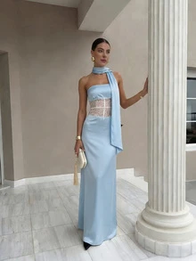 Rochie elegantă la modă pentru femei, din tafta albastră, romantică, cu talie scurtă, transparentă, din dantelă, fără bretele, cu eșarfă detașabilă, primăvară/vară - Albastru - Vizualizare 6