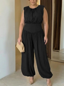 Áo tank top không tay cổ tròn dáng rộng dành cho nữ, có đệm vai, kèm quần dài. - màu đen - Xem 2