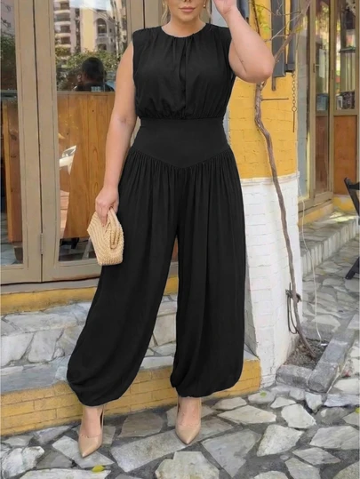 Women's Casual Round Neck Sleeveless Tank Top With Shoulder Pads And Long Pants