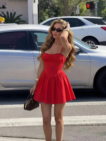 Vestido elegante de unicolor, tejido, fruncido, con línea A, de moda, para vacaciones, sexy, para el Día de San Valentín