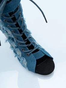 Rollcall Botas femininas azuis de salto alto com bico aberto, botas de dança casuais estilo britânico com sola de borracha macia, design com cadarço, fecho de zíper traseiro, sandálias elegantes de salto alto para o verão, textura craquelada sexy gótica, adequadas para festas, atividades ao ar livre, academia, férias, todas as estações - Azul - Ver 5