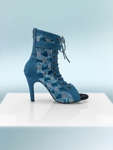 Rollcall Botas femininas azuis de salto alto com bico aberto, botas de dança casuais estilo britânico com sola de borracha macia, design com cadarço, fecho de zíper traseiro, sandálias elegantes de salto alto para o verão, textura craquelada sexy gótica, adequadas para festas, atividades ao ar livre, academia, férias, todas as estações - Azul - Ver 1