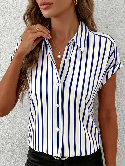 Women's Polyester Short Sleeve Collared Button-Up Striped Shirt/Blouse, Regular Fit Summer