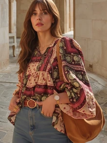 Áo kiểu retro họa tiết hoa mùa hè 2026 cho ngày Valentine, áo thun cổ chữ V tay phồng buộc dây màu đỏ, áo sơ mi nữ rộng rãi thoải mái mùa xuân. - Nhiều màu - Xem 1