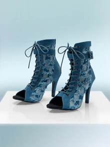 Rollcall Botas femininas azuis de salto alto com bico aberto, botas de dança casuais estilo britânico com sola de borracha macia, design com cadarço, fecho de zíper traseiro, sandálias elegantes de salto alto para o verão, textura craquelada sexy gótica, adequadas para festas, atividades ao ar livre, academia, férias, todas as estações - Azul - Ver 2
