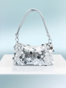 Rollcall 1pc Gold Color Crescent Moon Shape Glitter PVC Shoulder Bag For Women, New, Jelly Bag - Silver - View 3