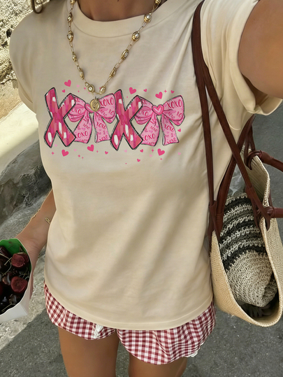 Summer New Women's XOXO Bow & Heart Print Soft Breathable Short Sleeve T-Shirt, Sweet Unisex Style, Suitable For Street Style, Girls' Gathering, Music Festival, Daily Outings
