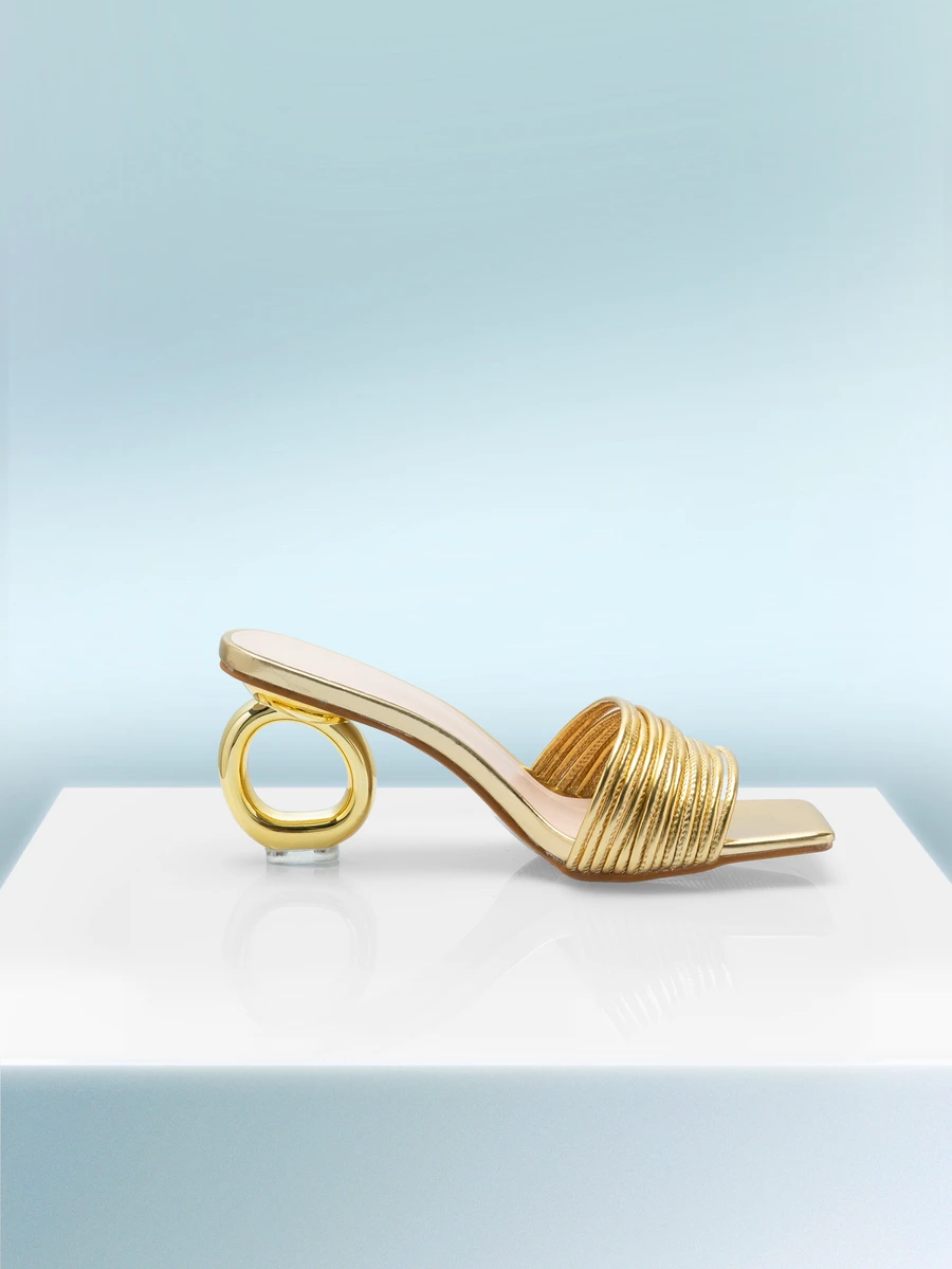 Rollcall 女士方头露趾不对称高跟凉鞋，时尚优雅的金属带凉鞋，适合任何场合 - 金色 - 查看 1