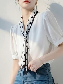 YUXIN Vintage Polka Dot Blouse (Spring/Summer) | Puff Sleeves + Pearl Button Decor | Soft Draping Fitted Top - Perfect For Office/Streetwear/Fashion White - White - View 3