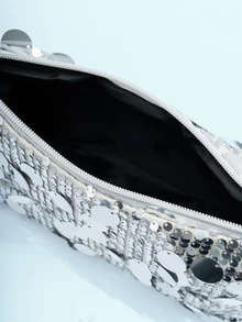 Rollcall 1pc Gold Color Crescent Moon Shape Glitter PVC Shoulder Bag For Women, New, Jelly Bag - Silver - View 5