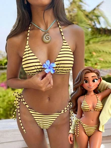 Sultry Sol Bộ bikini nữ, kiểu dáng bohemian dễ thương, họa tiết sọc vàng, thích hợp cho kỳ nghỉ, trang phục đi biển thanh lịch thường ngày, phù hợp cho mùa thu/đông, Giáng sinh, Năm mới, Ngày lễ tình nhân và trang phục đi biển xuân/hè 2026. - vàng nâu - Xem 4