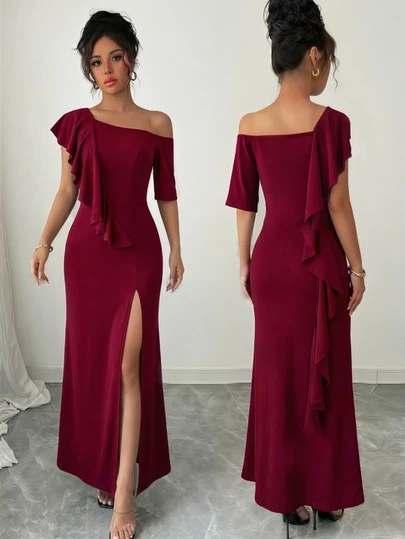 Solid Color Elegant High Slit Ruffle/Flounce Zipper Formal Evening Gown