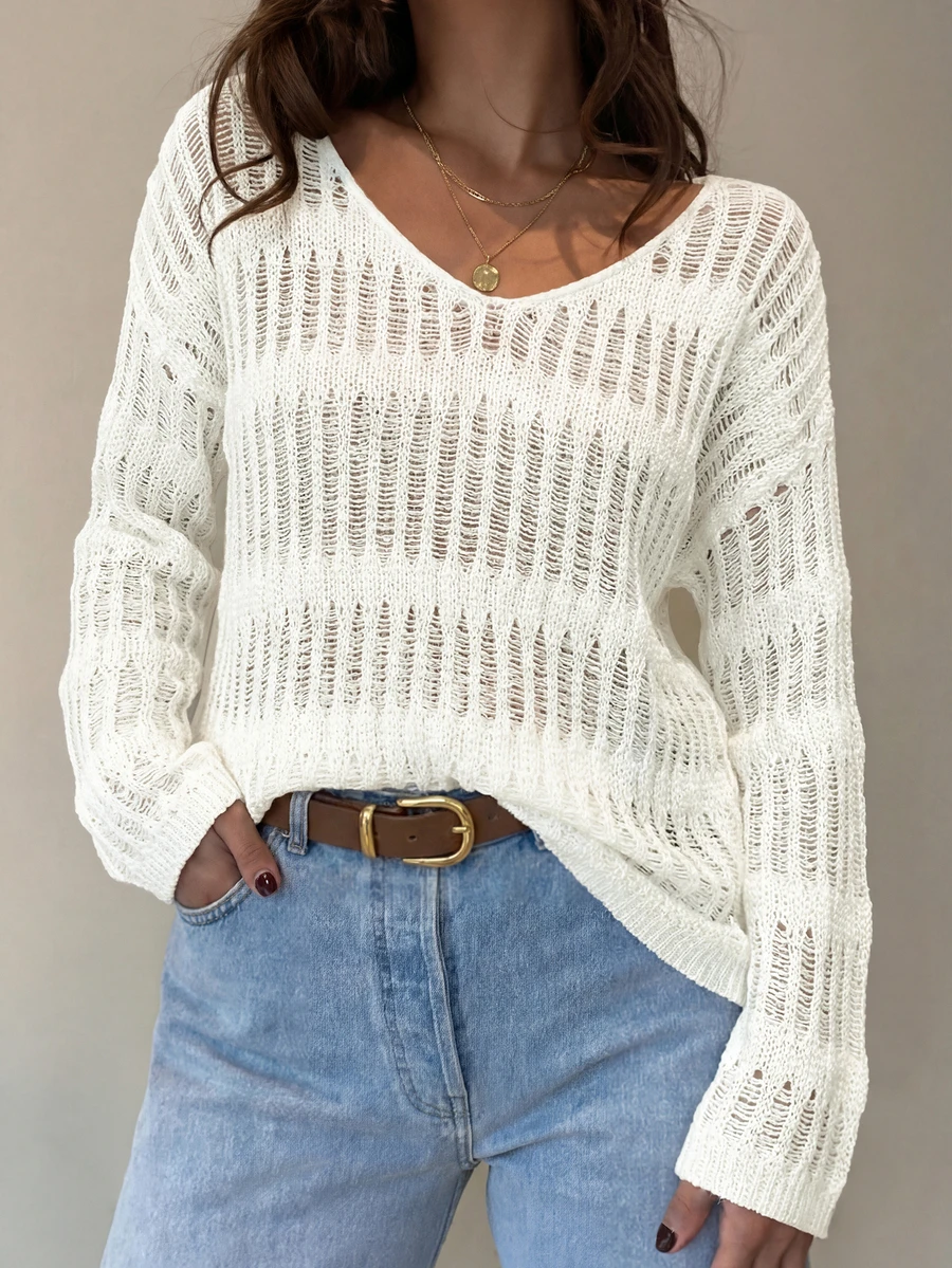 Women's Summer Loose Crochet Lace Cover Up - Beige - View 1