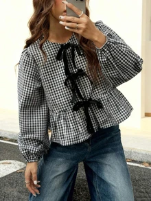 Plus Size Women's Round Neck Plaid Floral Bow Decor Lantern Sleeve Cute Shirt, Casual Campus Style For Spring - Black and White - View 2