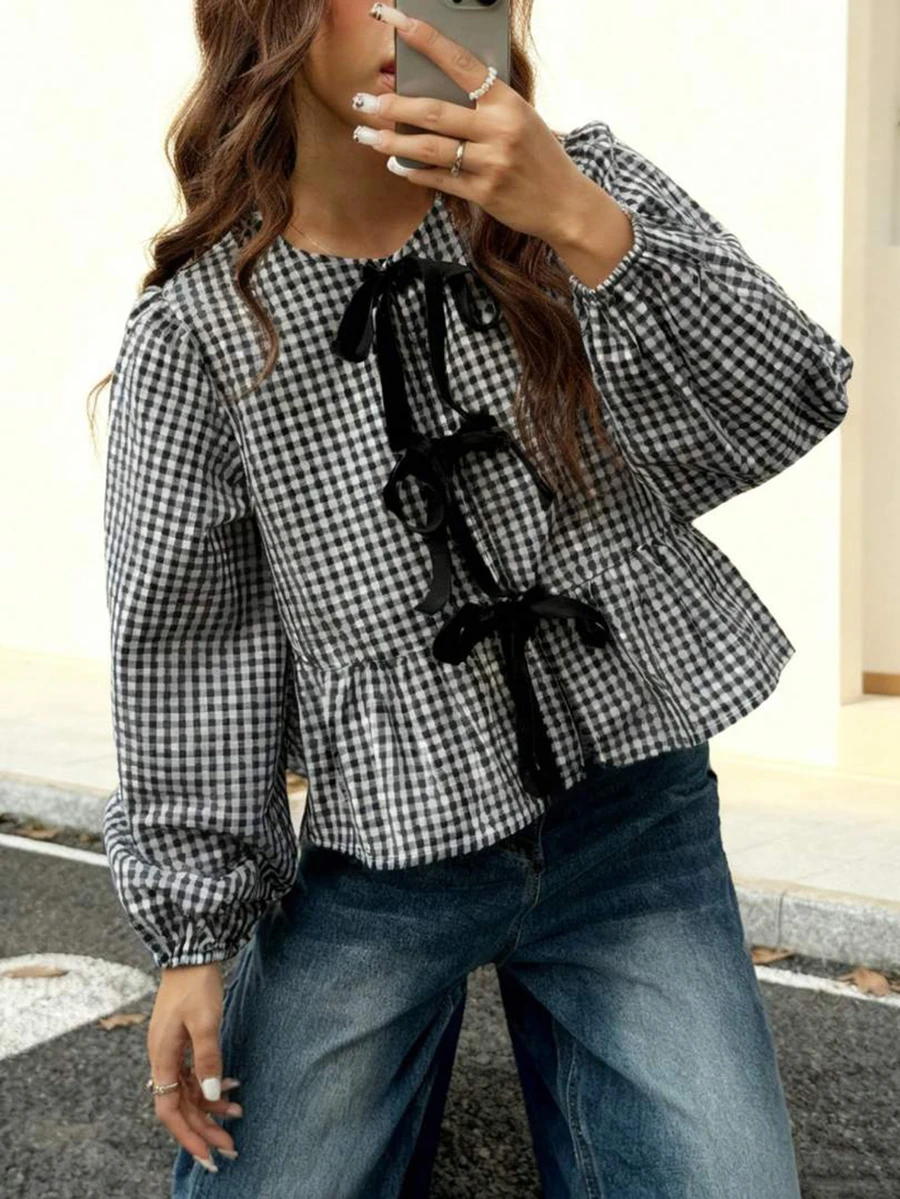 Plus Size Women's Round Neck Plaid Floral Bow Decor Lantern Sleeve Cute Shirt, Casual Campus Style For Spring