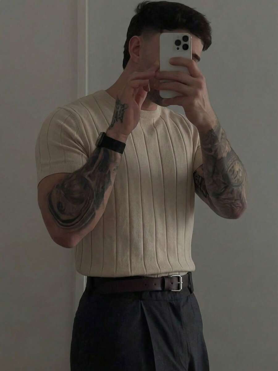 Men's Ribbed Crew Neck Short Sleeve Knit Sweater, Spring/Summer - Apricot - View 1