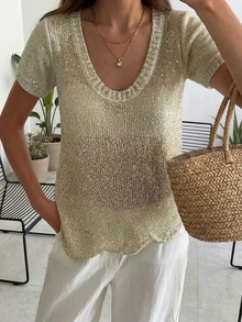 SEREN 夏季新款深V领针织上衣，休闲宽松，适合度假、海边穿着，轻薄短袖，杏色，波浪下摆，女式上衣，夏季上衣，夏季针织上衣，夏季休闲装，夏季度假穿搭，波西米亚风 - 杏色 - 查看 4