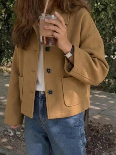 欧美时尚简约女式翻领单排扣高品质短款大衣宽松休闲纯色长袖复古优雅时尚上衣女士冬季外套