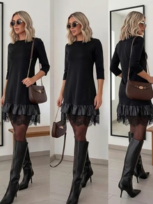 Spring Women's Commuting Fashion Casual Knit Fabric Black Patchwork Lace Leather A-Line Mid-Sleeve Round Neck Dress Elegant - Black - View 2
