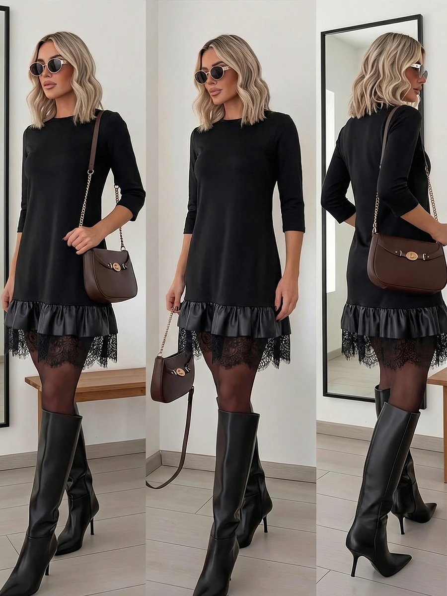 Spring Women's Commuting Fashion Casual Knit Fabric Black Patchwork Lace Leather A-Line Mid-Sleeve Round Neck Dress Elegant